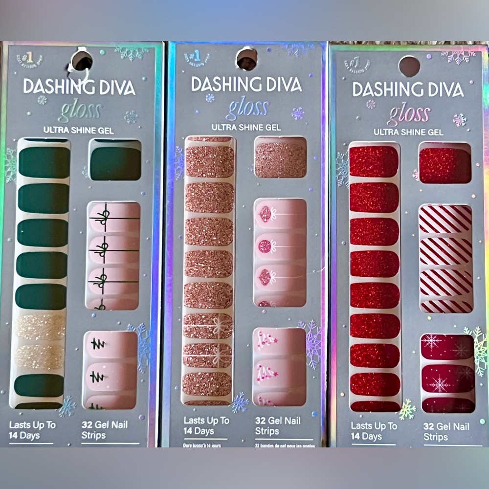 Set/3 New Dashing Diva Gloss Ultra Shine Gel Nail Strip Christmas Tree Ornament